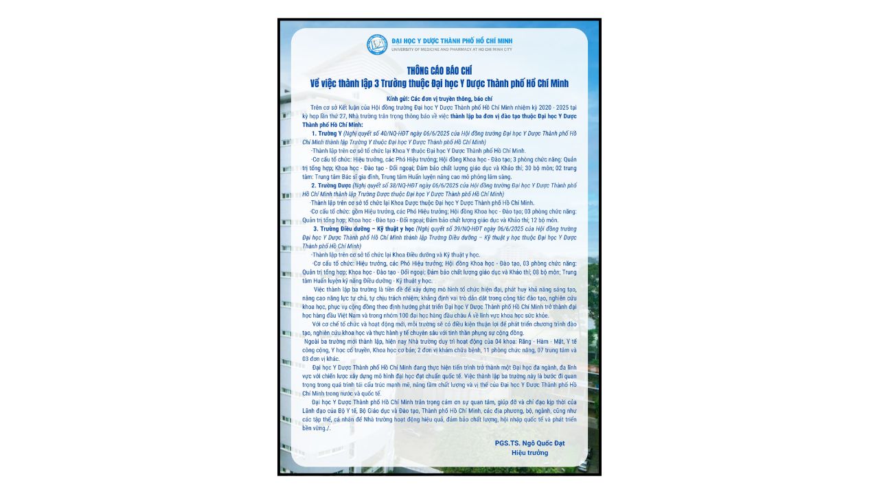 THÔNG CÁO BÁO CHÍ VỀ VIỆC THÀNH LẬP 03 TRƯỜNG THUỘC ĐẠI HỌC Y DƯỢC TPHCM