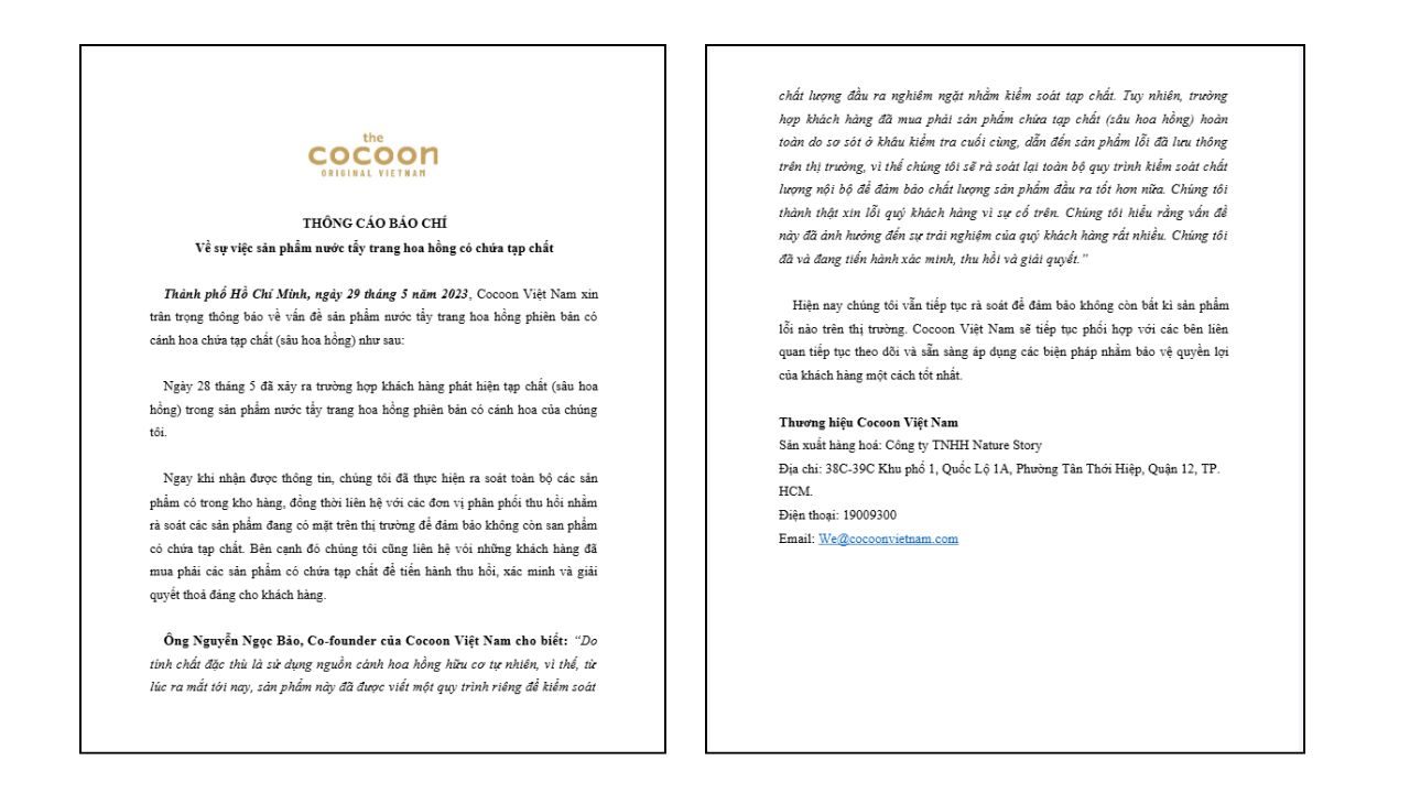 Thông cáo báo chí về sản phẩm nước tẩy trang Cocoon 2952023